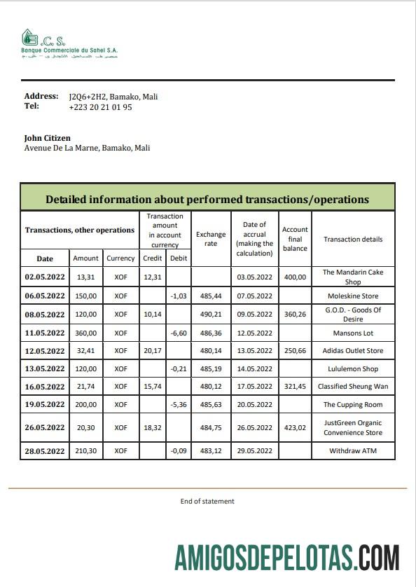 Modelo realista de extrato bancário do Mali Banque Commerciale Du Sahel em formato Word e PDF, formato .doc e .pdf